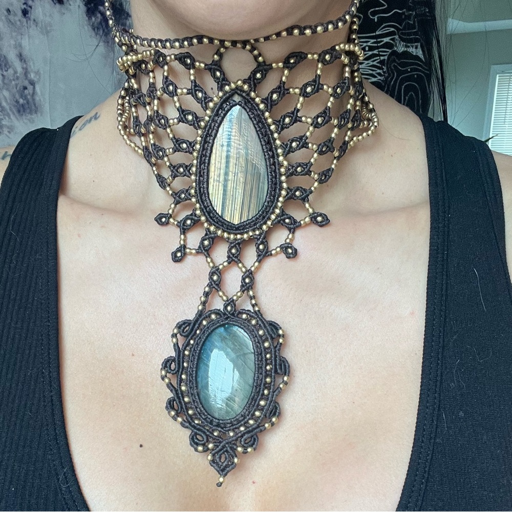 OMG! STUNNING GODDESS Hemp + Flash Labradorite Statement Necklace OOAK - Picture 5 of 6